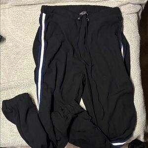 Black Pants with White and Blue Stripes